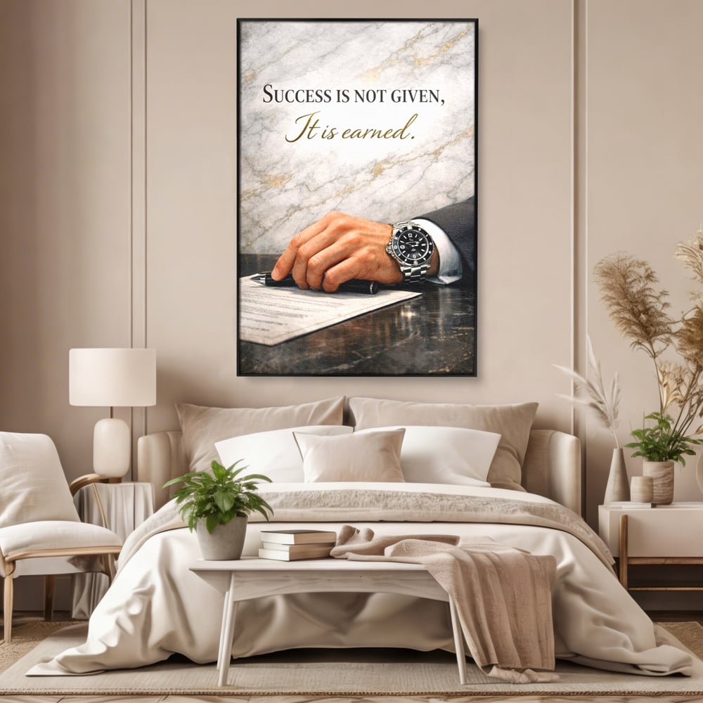 Tablou canvas cu tablou canvas cu citat motivational si mana cu ceas, in rama de aluminiu negru, pe perete intr-un dormitor